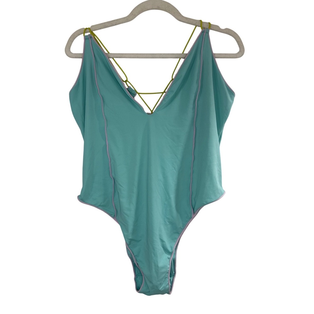 Out From Under One Piece Swimsuit Size XL Teal Blue Excellent Lace Up Back